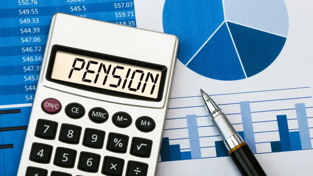 "Pension" with charts and a pen, symbolizing financial planning