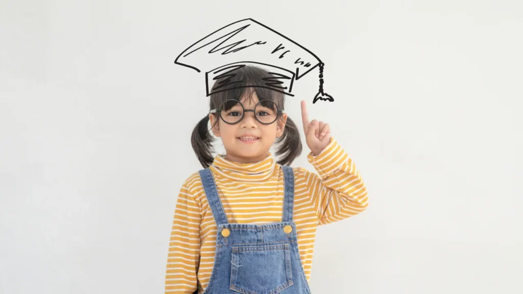 A young girl with a graduation cap illustration, representing future education planning. The image symbolizes the choice between saving for children's education versus retirement under schemes like NPS Vatsalya