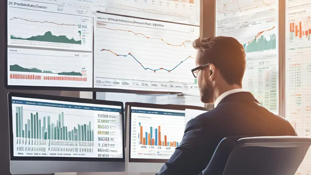 A financial analyst monitors multiple screens displaying stock market charts and data, analyzing trends for Sahasra Electronics IPO performance, highlighting the growing demand and investor interest as the IPO sees high subscription rates. Ideal for illustrating articles related to IPO market trends and stock performance.