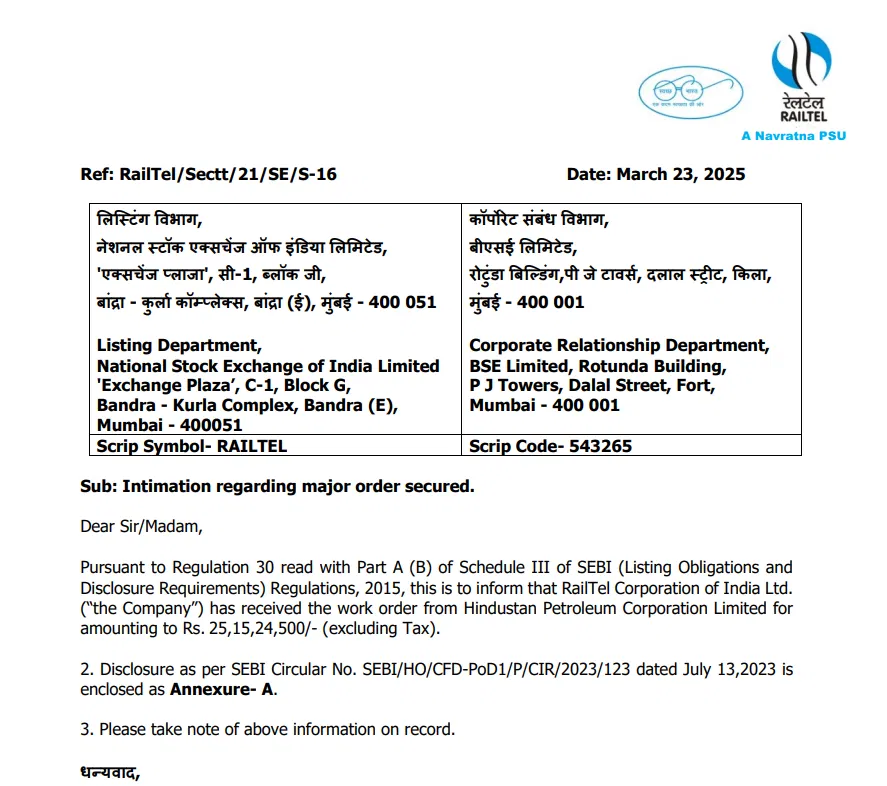 Railtail को HPCL से 25,15,24,500 रुपये का वर्क ऑर्डर मिला है।
